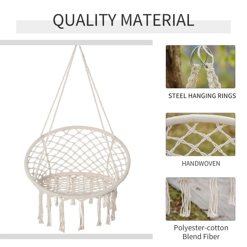 Outsunny Macrame Hanging Chair Swing Hammock for Indoor & Outdoor Use with Backrest, Cotton-Polyester Blend,Fringe Tassels, White