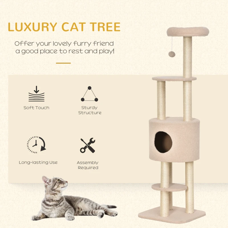 PawHut 5-Levels Plush Cat Tree Tower Activity Center with Sisal Scratching Posts Perch Roomy Condo Funny ball, Beige