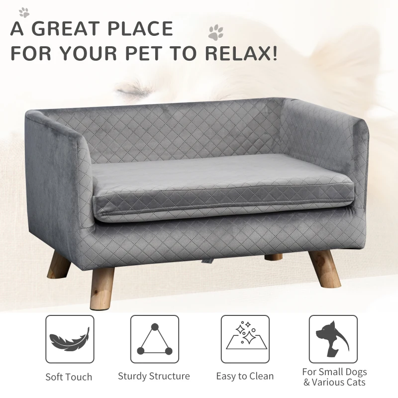 PawHut Pet Sofa Couch Soft Velvet Covered Sponge Cushioned Bed Lounge for Small Sized Dog or Cat Easy to Clean Dark Grey