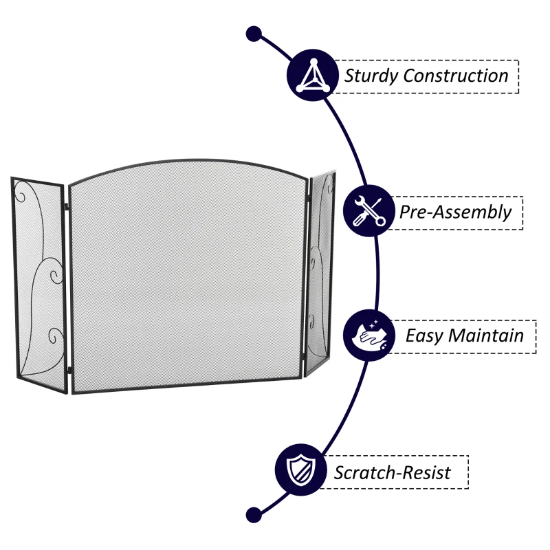 HOMCOM 3-Panel Metal Fireplace Mesh Screen Home Foldable Steel Spark Guard Decoration, Black