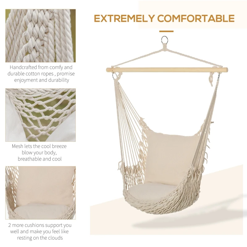 Outsunny Hammock Chair Hanging Rope Swing w/ Cushions Quality Cotton Weave for Superior Comfort, Durability Indoor or Outdoor Spaces