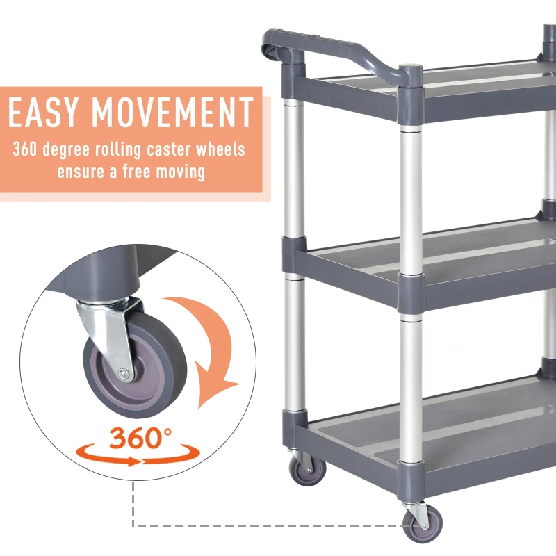 HOMCOM 3-Tier Metal Clean Cart Large Rolling Storage Trolley with 3 Shelves Utility Service Cart, Restaurant, Hotel, Livingroom, Silver and Grey