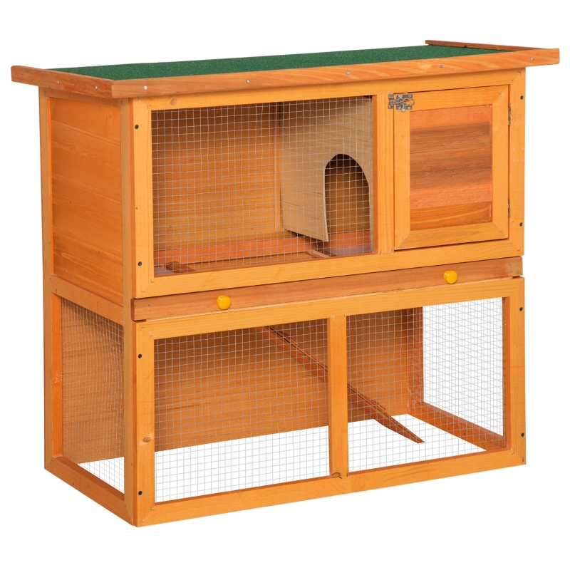 PawHut 2-Tier Double Decker Wooden Rabbit Hutch Pet Cage Run Guinea Pig Hutch with Sliding Tray Opening Top