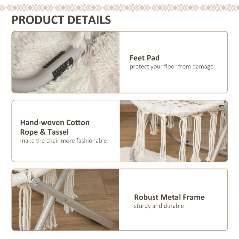 Outsunny Moon Saucer Chair for Adults & Kids Folding Design Bohemian Style with Hand-woven Cotton Tassal for Bedroom Livingroom Garden Max 150kg White