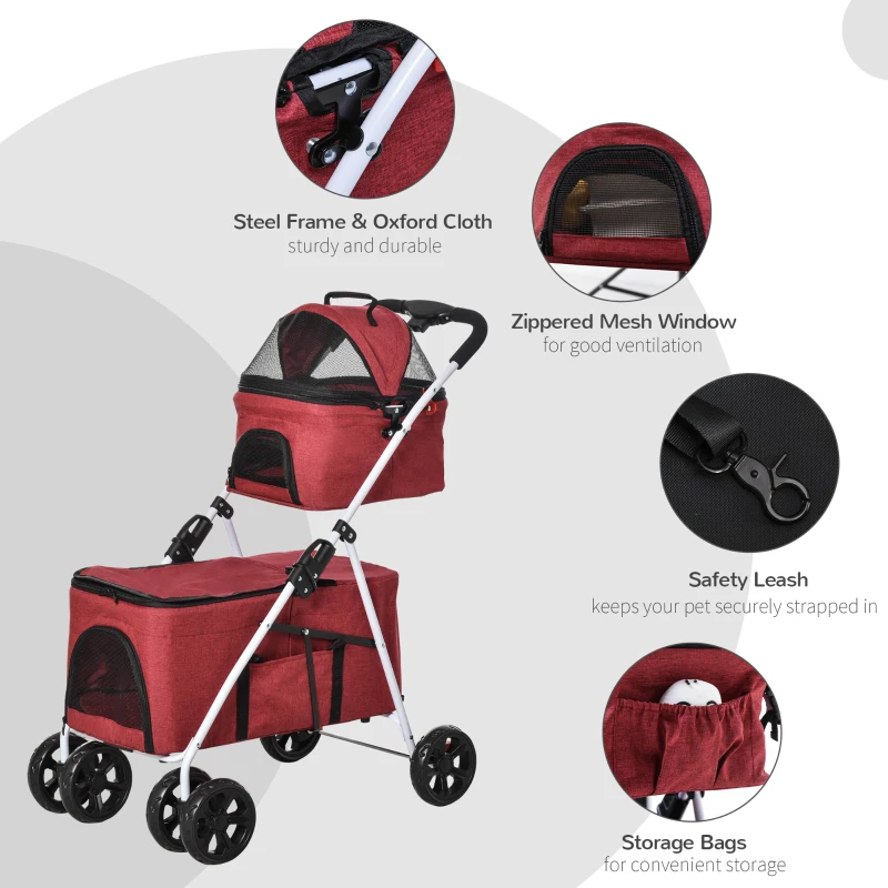 PawHut Double-Layer Pet Stroller Foldable Dog Cat Travel Carriage with Universal Wheel Canopy Storage Bag Cushion Red