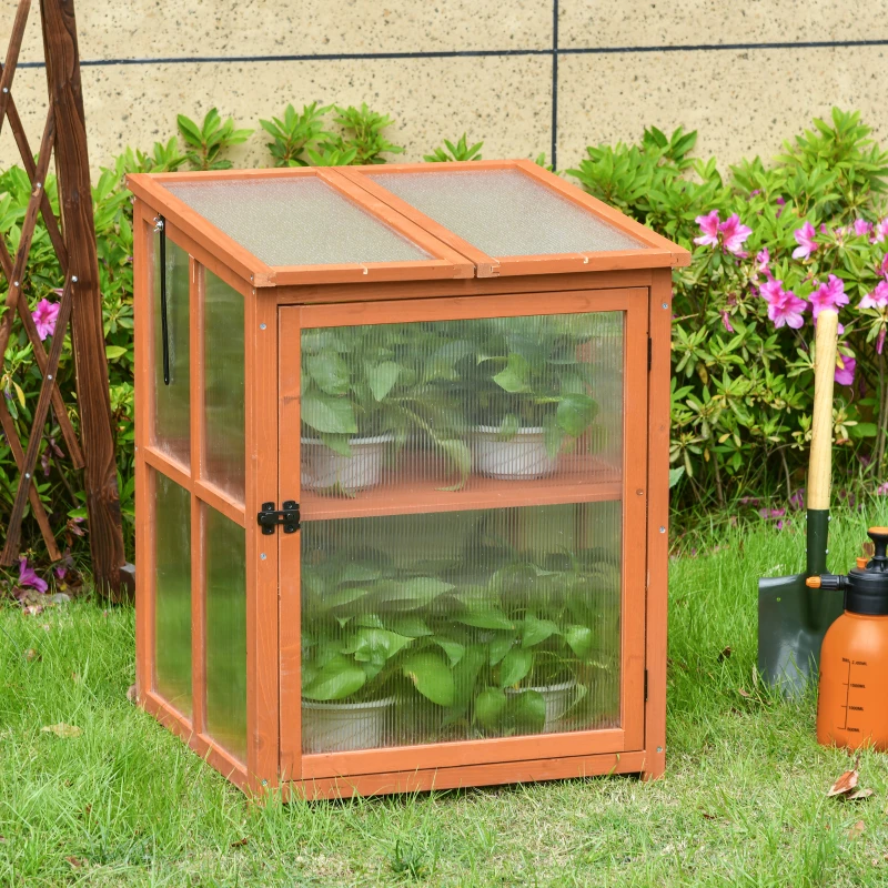 Outsunny Garden Polycarbonate Cold Frame Greenhouse Grow House Flower Vegetable Plants w/ Shelves, Lockable Door, 62 x 63 x 82cm, Orange