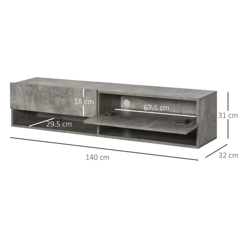 HOMCOM Floating 60'' TV Stand Wall Mounted Media Console Table Cabinet with 4 Storage Shelves Cable Management System Grey