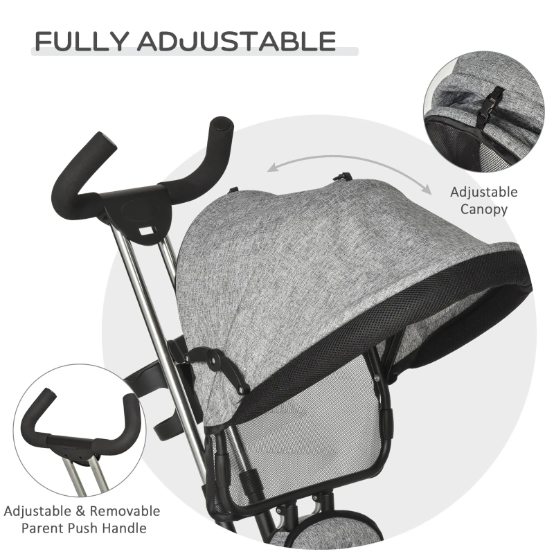 HOMCOM 3 in 1 Kids Tricycle Pedal Push Trike w/ Pusher Removable Canopy Safety Belt Storage Footrest Brake for 18 Months to 5 Years Grey