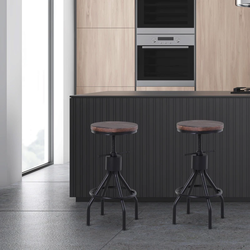 HOMCOM Industrial Style Counter Height Bar Stool, Swivel Wood Seat, Metal Frame Footrest, Adjustable, Spiral Lift, 360 Rotating