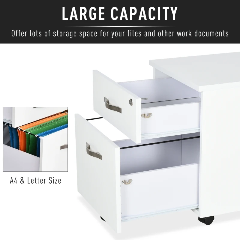 HOMCOM Modern Simple Design File Cabinet 2 Drawers 5 Caster Wheels with Lock Letter/A4 File Space Saving White