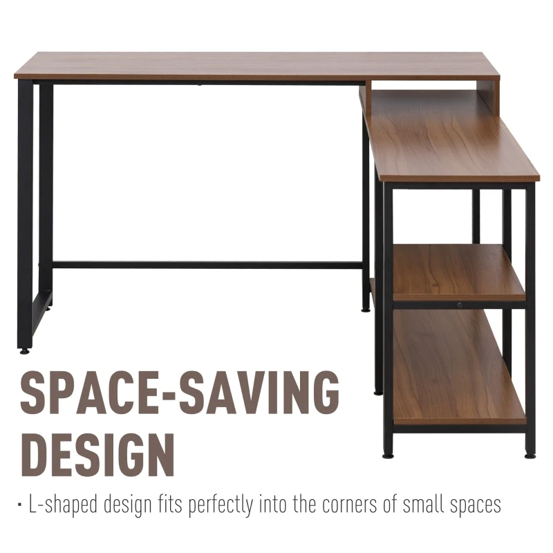 HOMCOM L-Shaped Computer Table with Storage Shelves Home Office Corner Industrial Style Workstation , Walnut Wood Grain