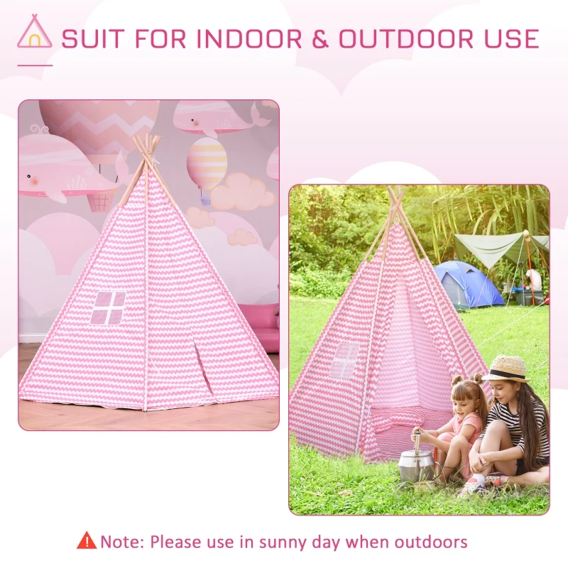HOMCOM Kids Teepee Play Tent Portable Children Playhouse Toy for Boys and Girls with Mat Pillow Carry Case Indoor Outdoor Games Pink