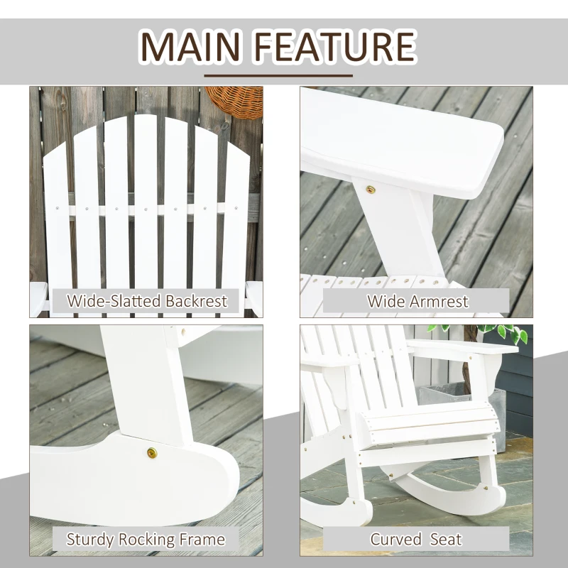 Outsunny Adirondack Rocking Chair with Slatted Design and Oversize Back, Lounger for Porch, Poolside, Garden,White