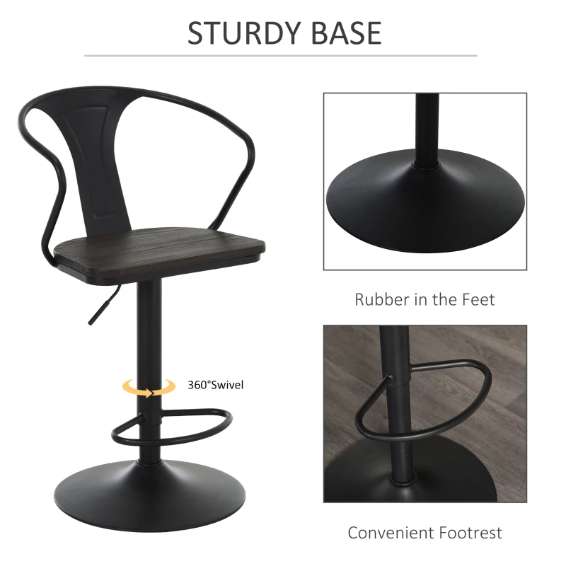 HOMCOM Modern Set of 2 Bar Chairs Swivel Chair Height Adjustable Backrest Wooden Metal 5 Caster Wheels Sturdy Black