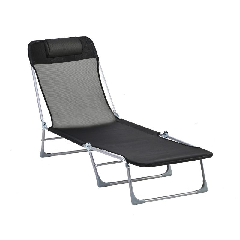 Outsunny Sun Lounge Foldable Reclining Chair with Pillow 5-Level Adjustable Garden Beach Outdoor Texteline Black