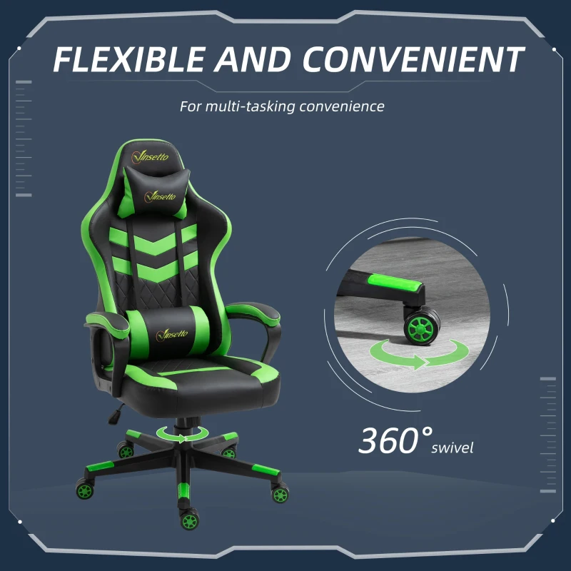 Vinsetto High Back Rocking Gaming Office Chair with Headrest and Lumbar Support, Rolling Casters Green