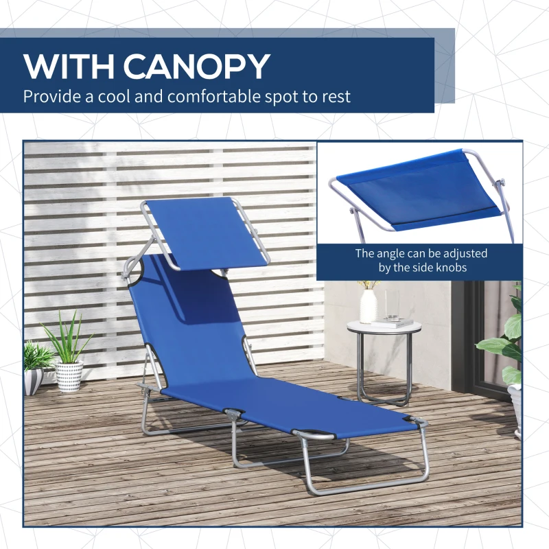 Outsunny Reclining Chair Folding Lounger Seat with Sun Shade Awning Beach Garden Outdoor Patio Recliner Adjustable, Blue