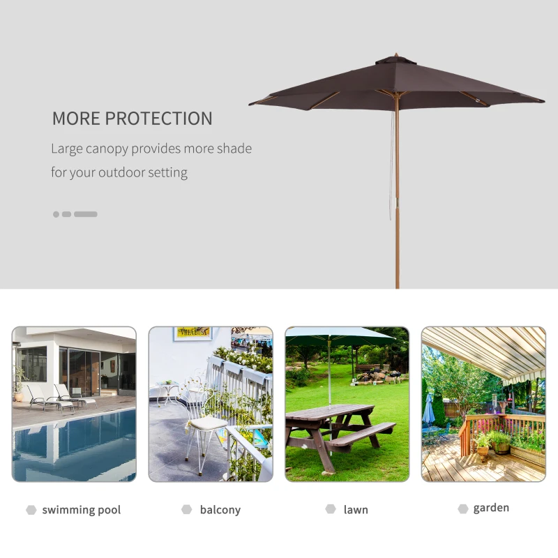 Outsunny 3(m) Fir Wooden Garden Parasol Bamboo Sun Shade Patio Outdoor Umbrella Canopy, Coffee