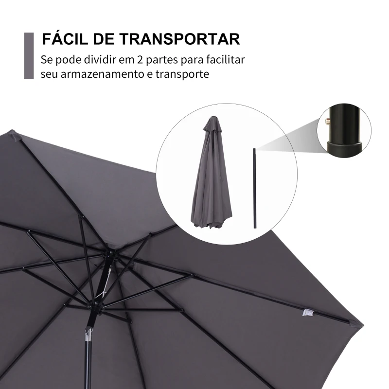 Outsunny Chapéu de Sol de Jardim Ø295x250cm com Manivela Chapéu de Sol Exterior com Mecanismo de Inclinação e Mastro Desmontável de Metal para Terraço Piscina Pátio Cinza Escuro