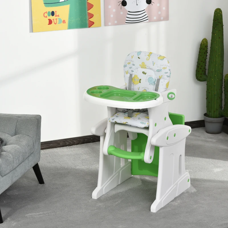 HOMCOM 3 in 1 Convertible Baby High Chair Booster Seat Desk and Chair Dinning Feeding Chair Table Set Adjustable Back Feeding Tray 5-Point Harness White and Green