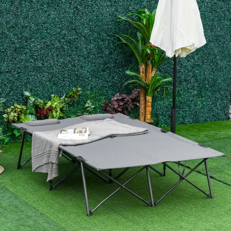 OUTSUNNY Double Folding Camping Cot Sleeping Bed Portable for Adults Heavy Duty with Carry Bag for 2 Person, Grey