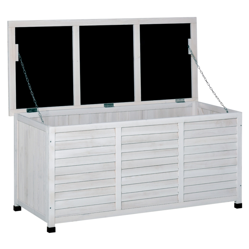 Outsunny Garden Wooden Storage Container Box Multipurpose Outdoor Patio Furniture w/ Chains for Outdoor Garden Tools and Pool Toys, White