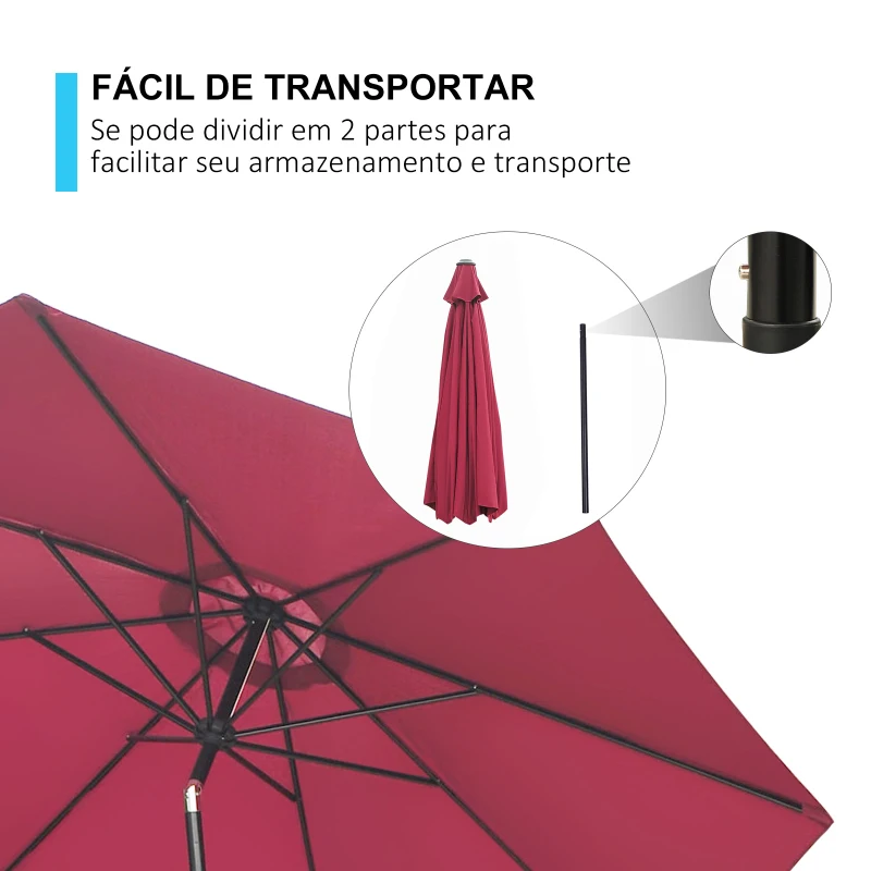 Outsunny Chapéu de Sol de Jardim Ø295x250cm com Manivela Chapéu de Sol Exterior com Mecanismo de Inclinação e Mastro Desmontável de Metal para Terraço Piscina Pátio Vinho