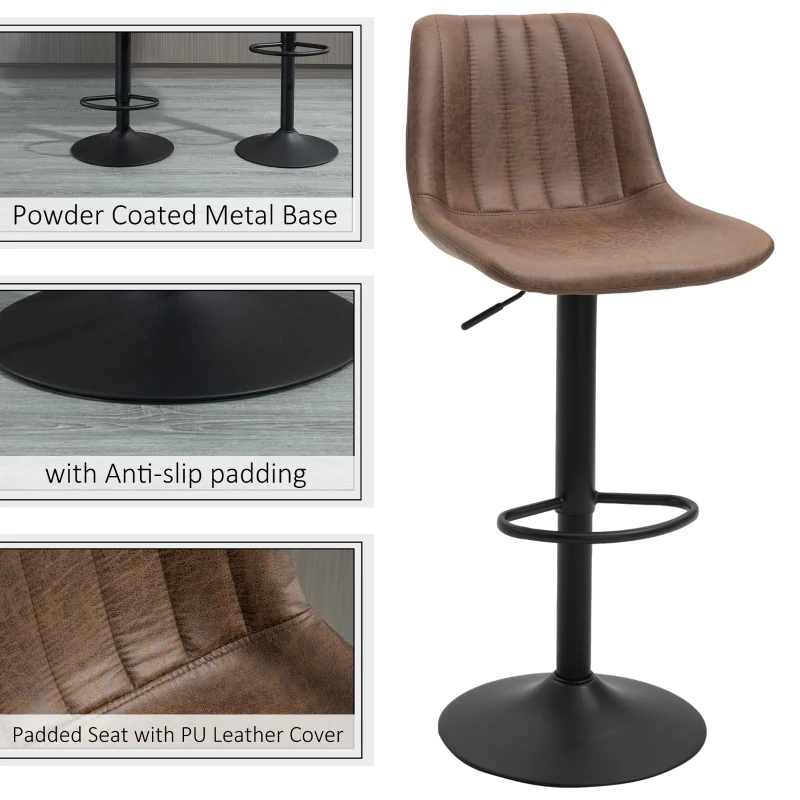 HOMCOM 2 Piece Vintage Barstools Adjustable Height Dining Counter Chair 360° Swivel with/ Footrest for Home Pub, Brown