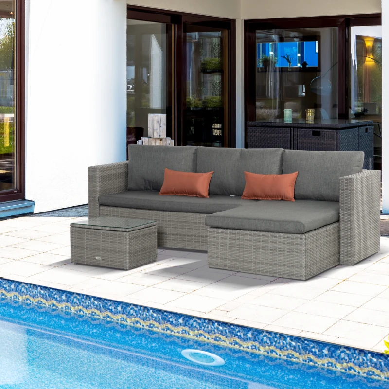 Outsunny 3 Pieces Outdoor PE Rattan Sofa Set, Patio Wicker Conversation Chaise Lounge Furniture w/ Tempered Glass Table-top & Soft Padded Cushion for Garden, Backyard, Lawn, Grey