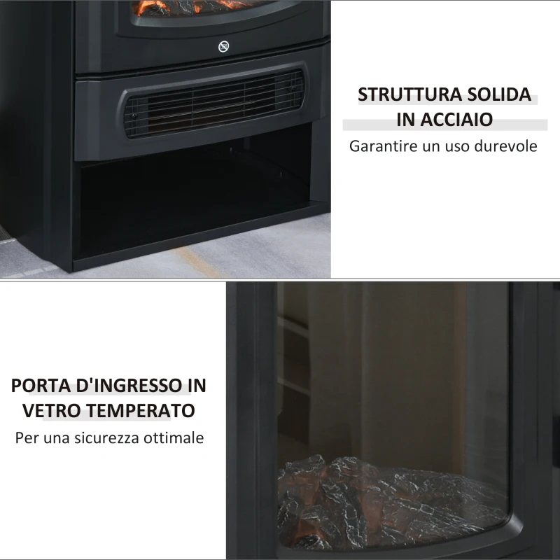 HOMCOM Camino Elettrico con Fiamma Realistica e Temperatura Regolabile, Riscalda 20-25㎡, Acciaio Nero e Vetro Temperato