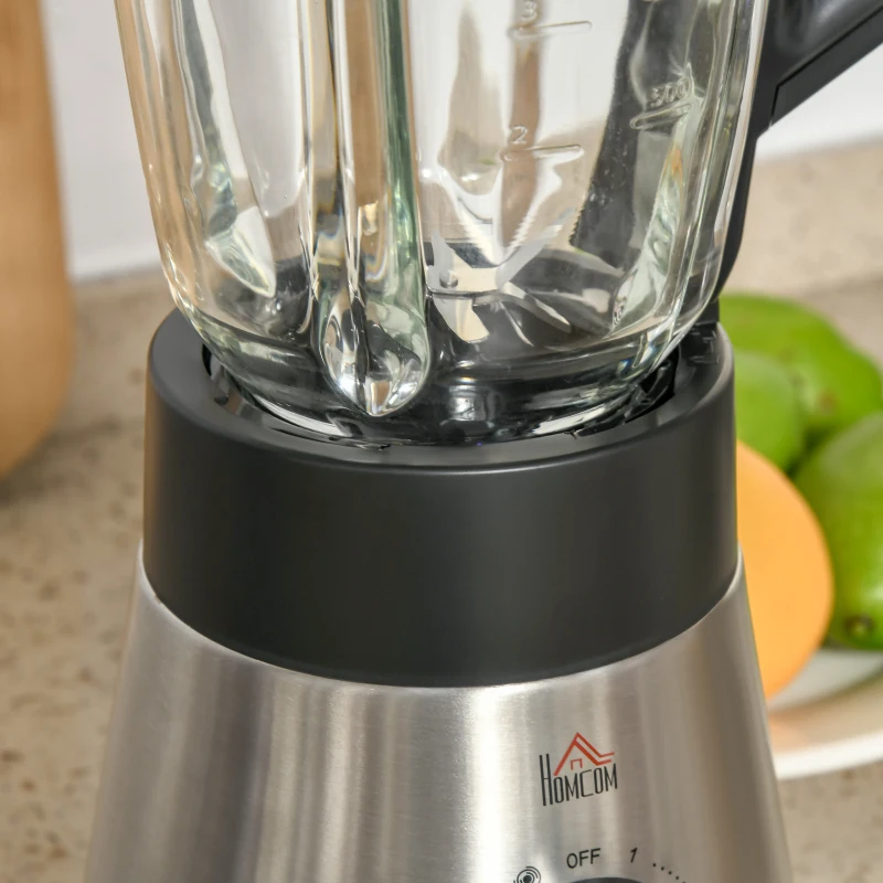 HOMCOM Liquidificadora de 1000W Jarro de Cristal de 1,5L com 4 Programas 5 Velocidades Ajustáveis Lâmina de 6 Folhas Aço Inoxidável e Garrafa Portátil 22,4x19x43cm Preto