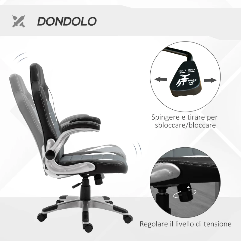 HOMCOM Sedia da Gaming Altezza Regolabile, Sedia da Ufficio Ergonomica Girevole con Dondolamento, 65x69x112-12cm Grigio