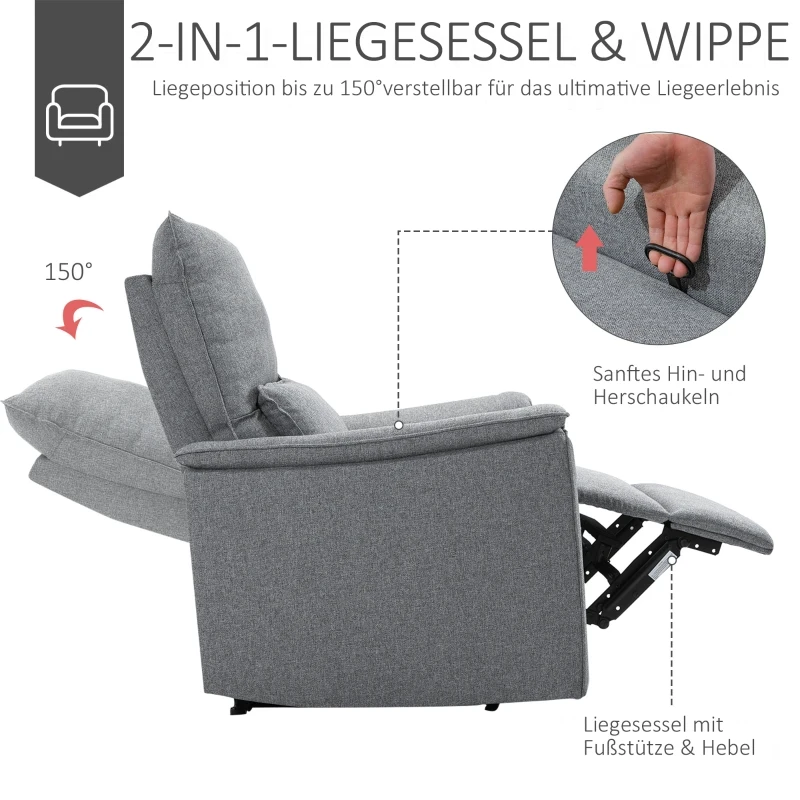 HOMCOM Relaxstoel ligstoel tv-stoel eenpersoonsbank kantelbaar 150° linnen touch grijs