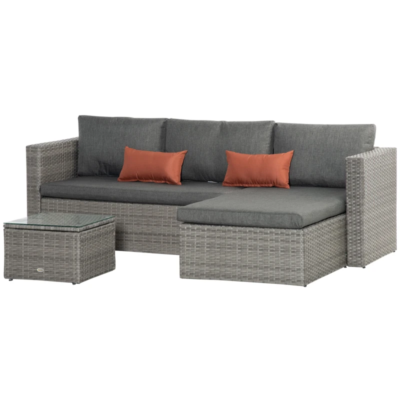 Outsunny 3 Pieces Outdoor PE Rattan Sofa Set, Patio Wicker Conversation Chaise Lounge Furniture w/ Tempered Glass Table-top & Soft Padded Cushion for Garden, Backyard, Lawn, Grey