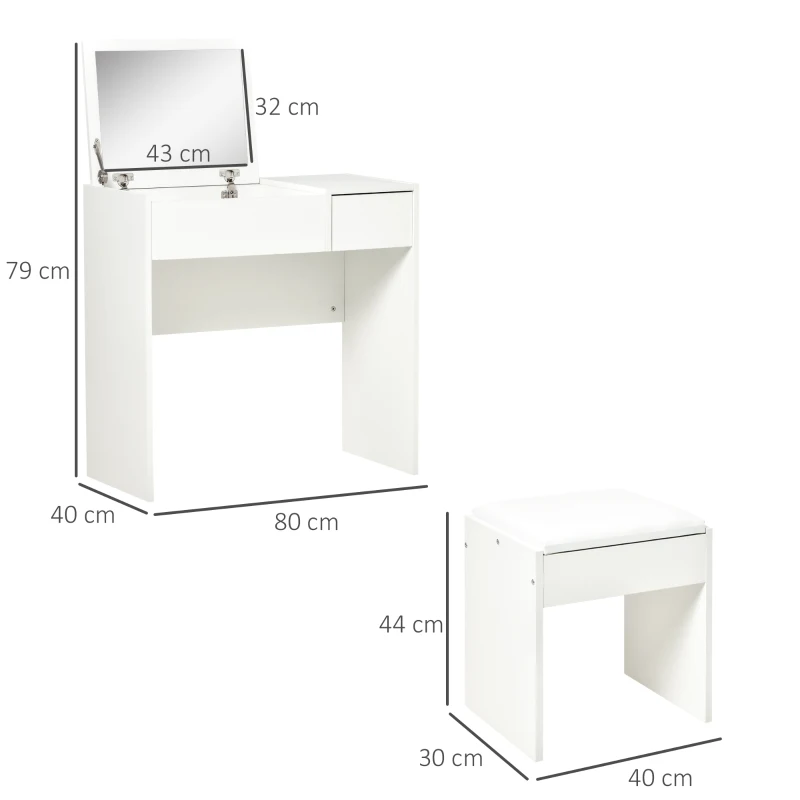 HOMCOM Tocador de Maquillaje con Taburete Mesa de Maquillaje con Espejo Tapa Abatible y Cajas 80x40x79 cm y 40x30x40 cm Blanco