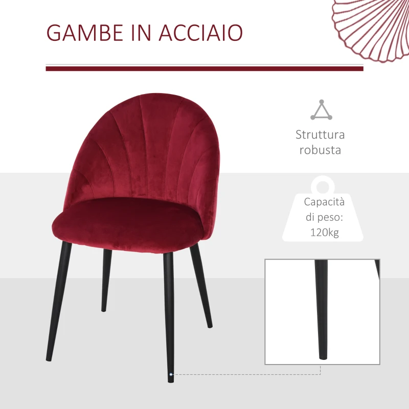 HOMCOM Set 2 Sedie Sala da Pranzo Imbottite con Design Nordico ed Ergonomico, Sedie da Cucina e soggiorno in Metallo e Velluto Rosso Scuro, 52x54x79 cm