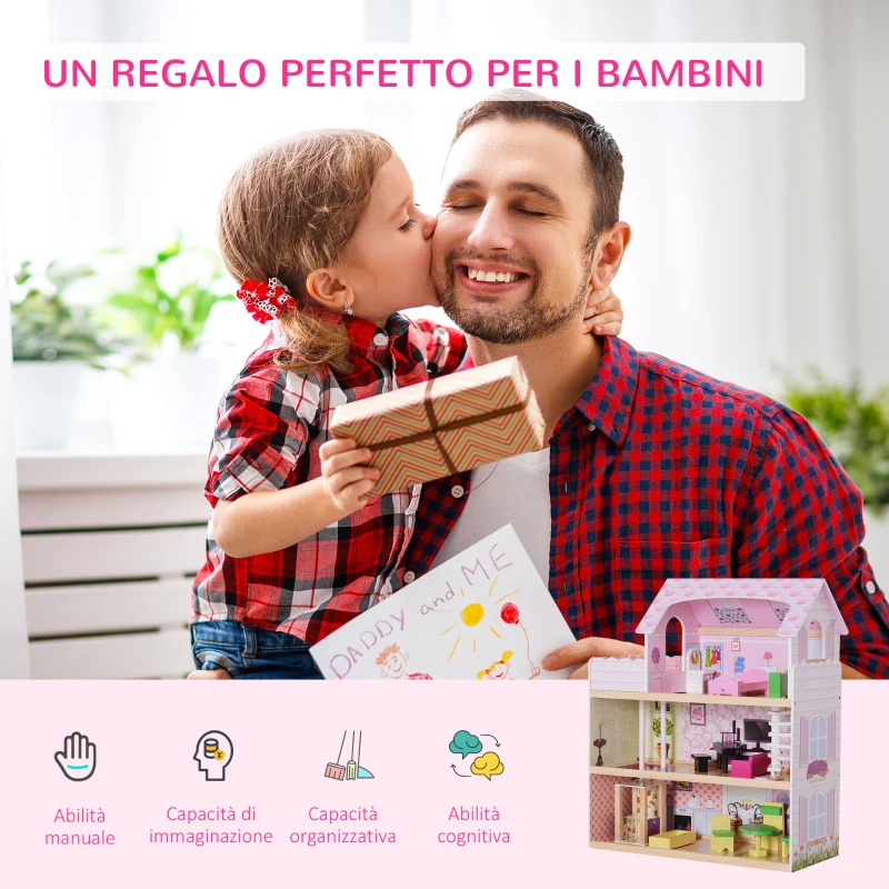 HOMCOM Casa delle Bambole a 3 Piani con Ascensore Mobili 13pz Legno 60×30×71.5cm Rosa