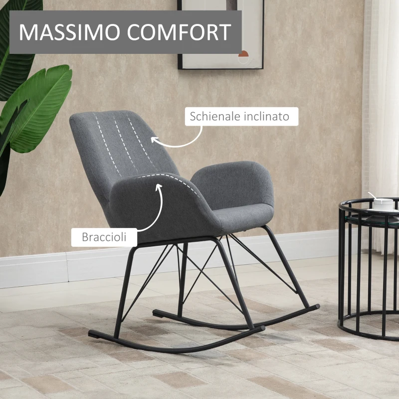 HOMCOM Sedia a Dondolo Moderna Imbottita in Metallo e Tessuto per Soggiorno e Salotto, 65x80x88cm, Grigio