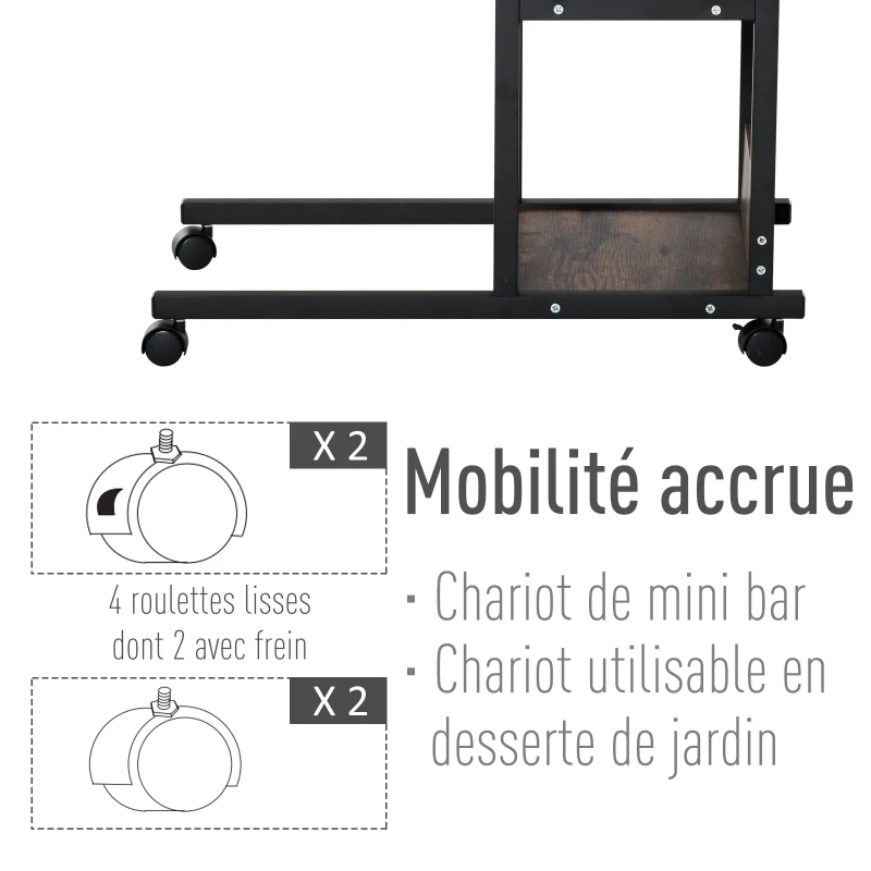HOMCOM Mesa Auxiliar de Sofá Mesa Lateral en Forma de C con 4 Ruedas Giratorias Frenos Altura Ajustable 3 Niveles Marco Metal 80x40x75-85 cm Negro