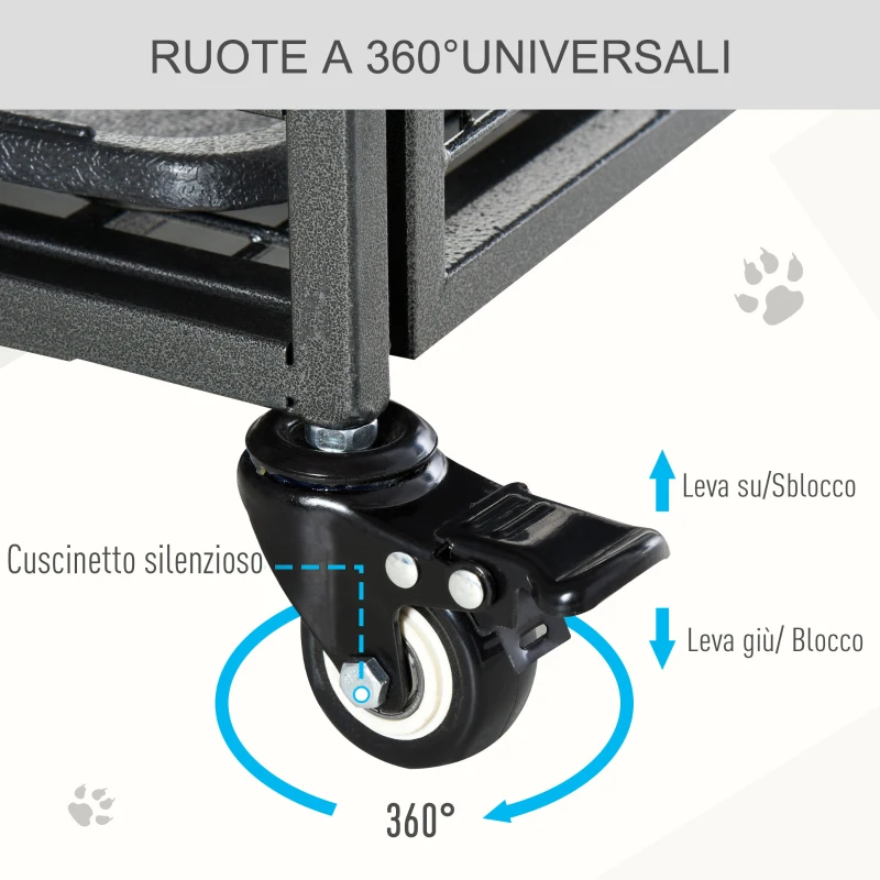 PawHut Kennel Gabbia per Cani Pieghevole Doppia Porta con Blocco 4 Ruote con Freno e Fondo Rimovibile, 109.5x71x78cm
