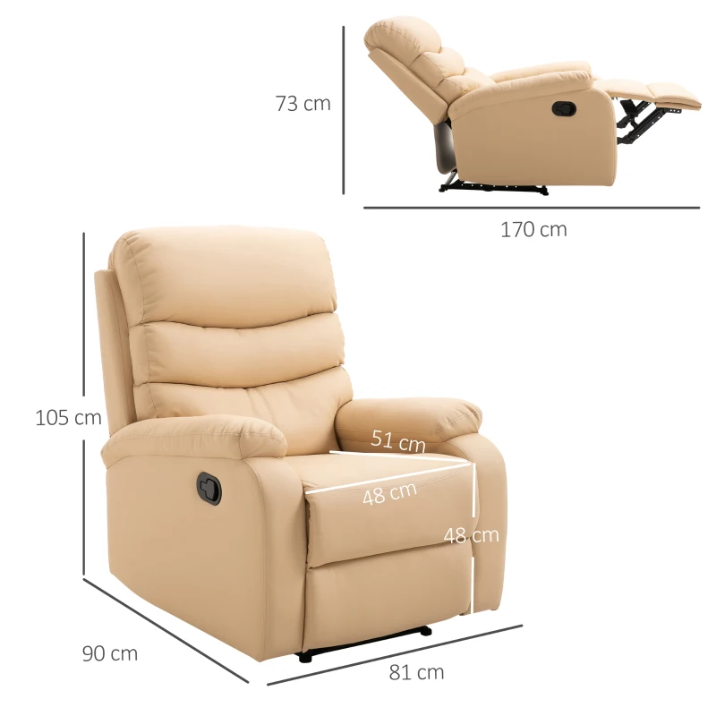 HOMCOM Poltrona Relax Reclinabile con Con Finitura Elegante in Ecopelle e Imbottitura in Spugna ad Alta Densità, 81x90x105cm, Beige