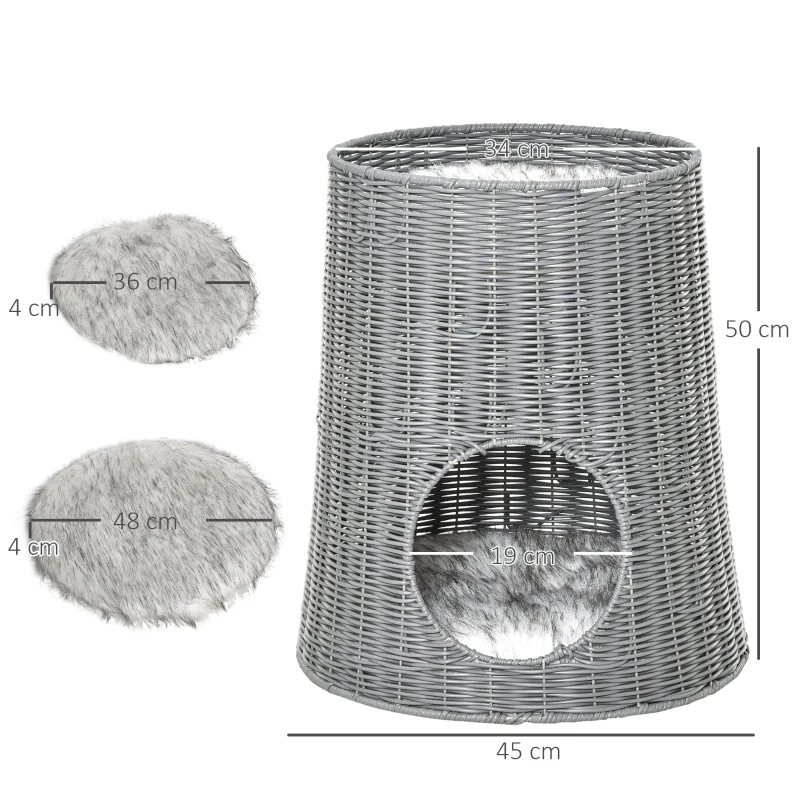 PawHut Cesta de Ratán para Gatos Cama Cueva de 2 Niveles con Cojines Lavables Ø45x50 cm Marrón Oscuro