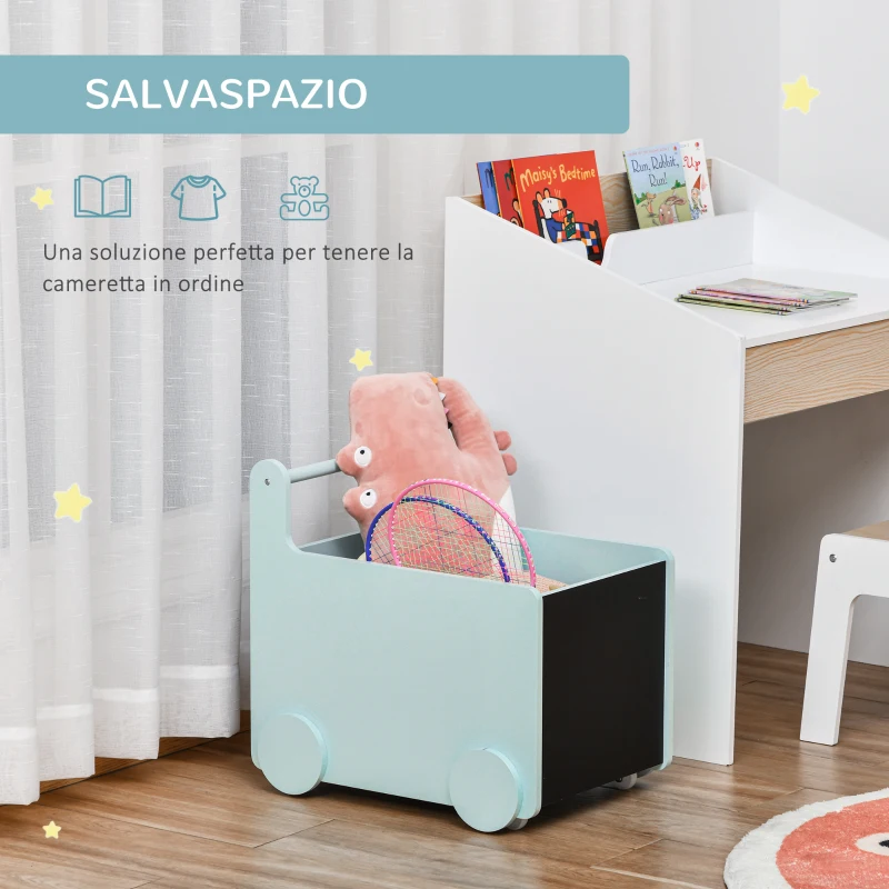 HOMCOM Carrello Porta Giochi per Bambini con 2 Lavagne per Disegnare, Impugnatura e Ruote, Legno MDF, 47x35x45.5cm, Azzurro