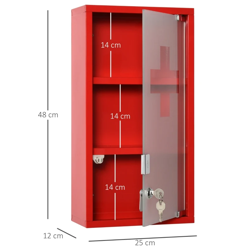 HOMCOM Armario de Medicinas Botiquín Gabinete de Primero Auxilios Acero Inox 3 Estantes Caja Colgante de Pared con Cerradura 25x12x48cm
