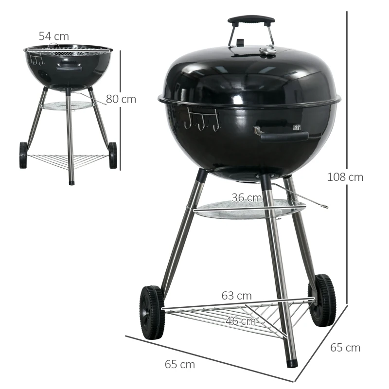 Outsunny Kettle Grill with Knife, Turner, and Grill Tongs, Thermometer, Ash Catcher, Rain Cover, Metal, Black