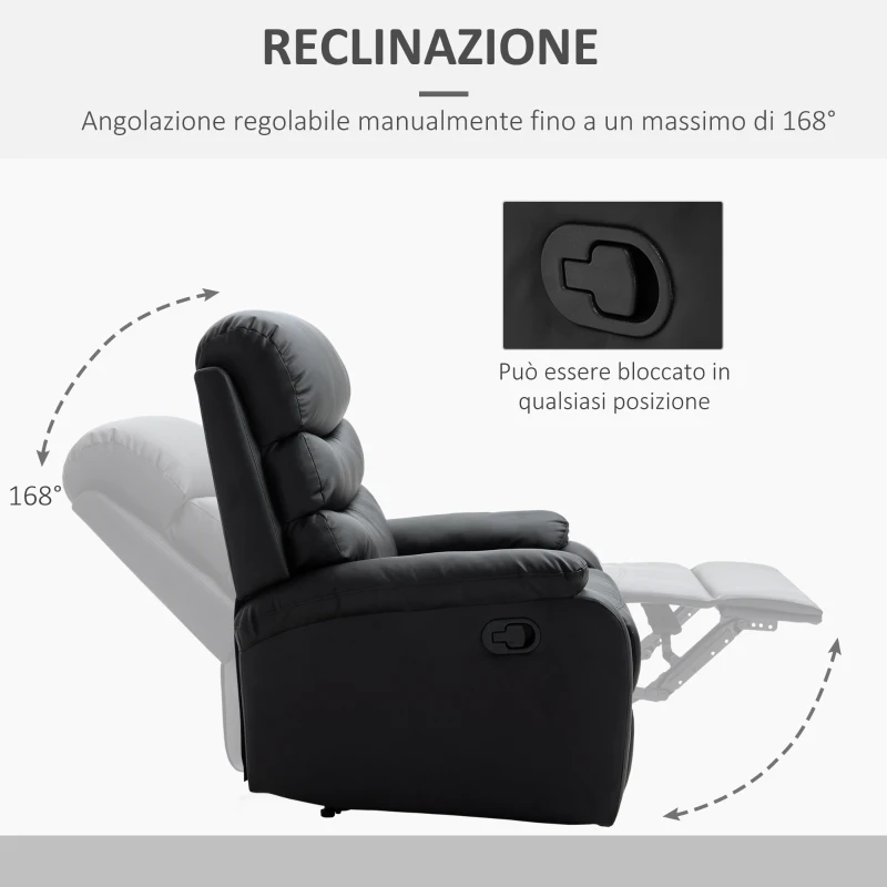 HOMCOM Poltrona Relax Reclinabile con Con Finitura Elegante in Ecopelle e Imbottitura in Spugna ad Alta Densità, 81x90x105cm, Nero