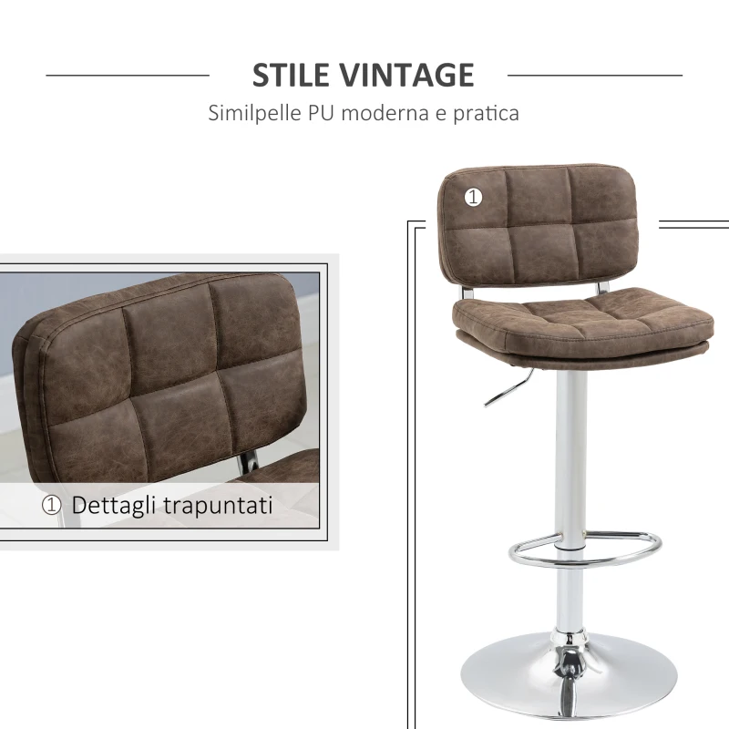 HOMCOM Set 2 Sgabelli Bar Moderni e Girevoli con Schienale e Poggiapiedi, Sgabelli da Cucina Imbottiti con Altezza Regolabile e Rivestimento Pelle PU, 41.5x45x85-107cm