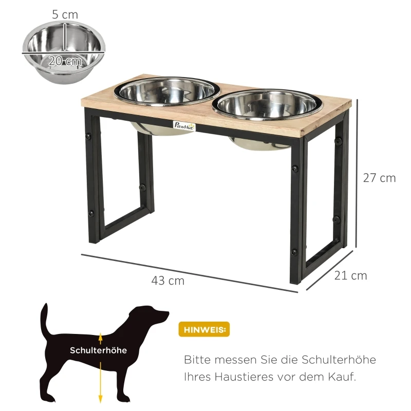 PawHut Comedero para Perros Elevado con 2 Cuencos de Acero Inoxidable Desmontables Alimentador de Agua Comida para Mascotas Grandes Medianos 58x30x35,5 cm Negro y Roble