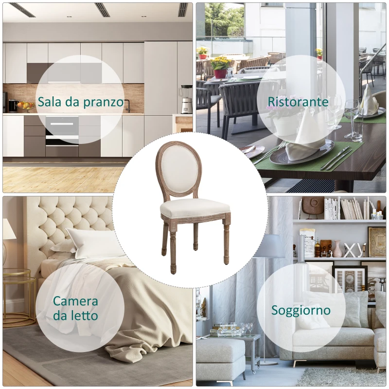 HOMCOM Set 2 Sedie per Soggiorno o Sala da Pranzo Stile Classico Rétro in Legno e Lino con Schienale Medaglione Bianco Avorio