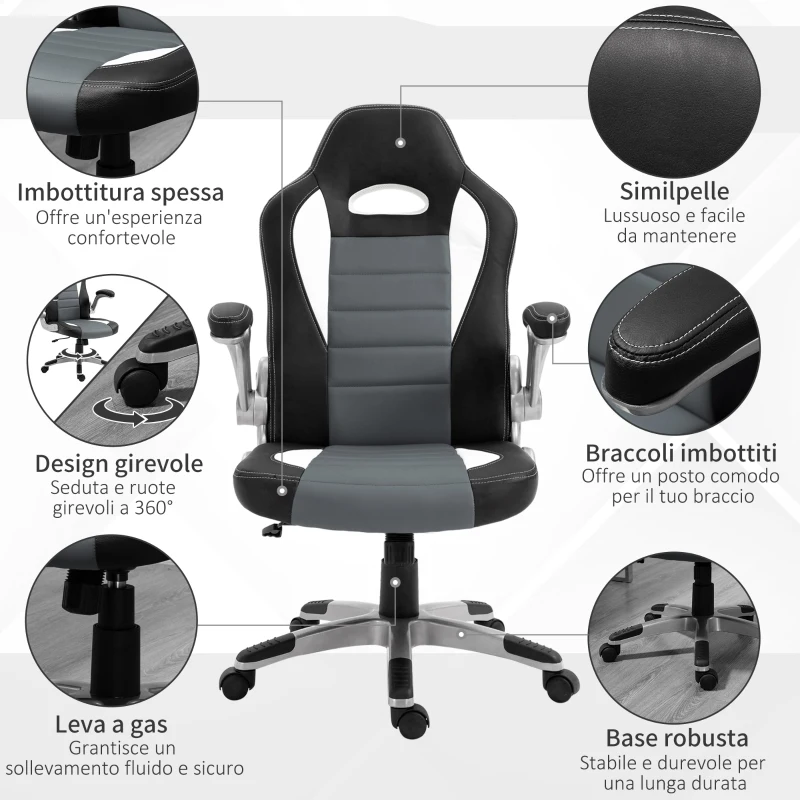 HOMCOM Sedia da Gaming Altezza Regolabile, Sedia da Ufficio Ergonomica Girevole con Dondolamento, 65x69x112-12cm Grigio